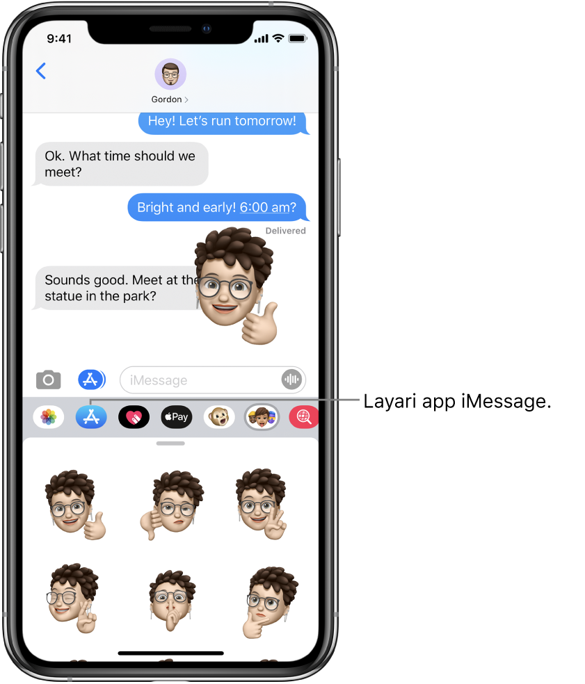 Perbualan Mesej, dengan butang Pelayar App iMessage dipilih. Laci app terbuka menunjukkan pelekat emotikon.