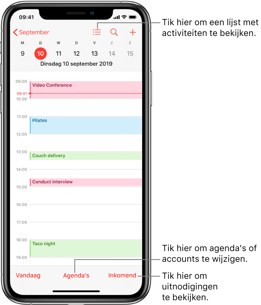 Een agenda in de dagweergave met de activiteiten van een dag. Tik op de 'Agenda's'-knop onder in het scherm om te schakelen tussen agenda-accounts. Tik op de knop 'Inkomend' rechtsonderin om uitnodigingen te bekijken.
