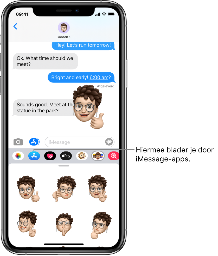 Een gesprek in Berichten met de iMessage-appbrowserknop geselecteerd. De geopende applade met emoticonstickers.