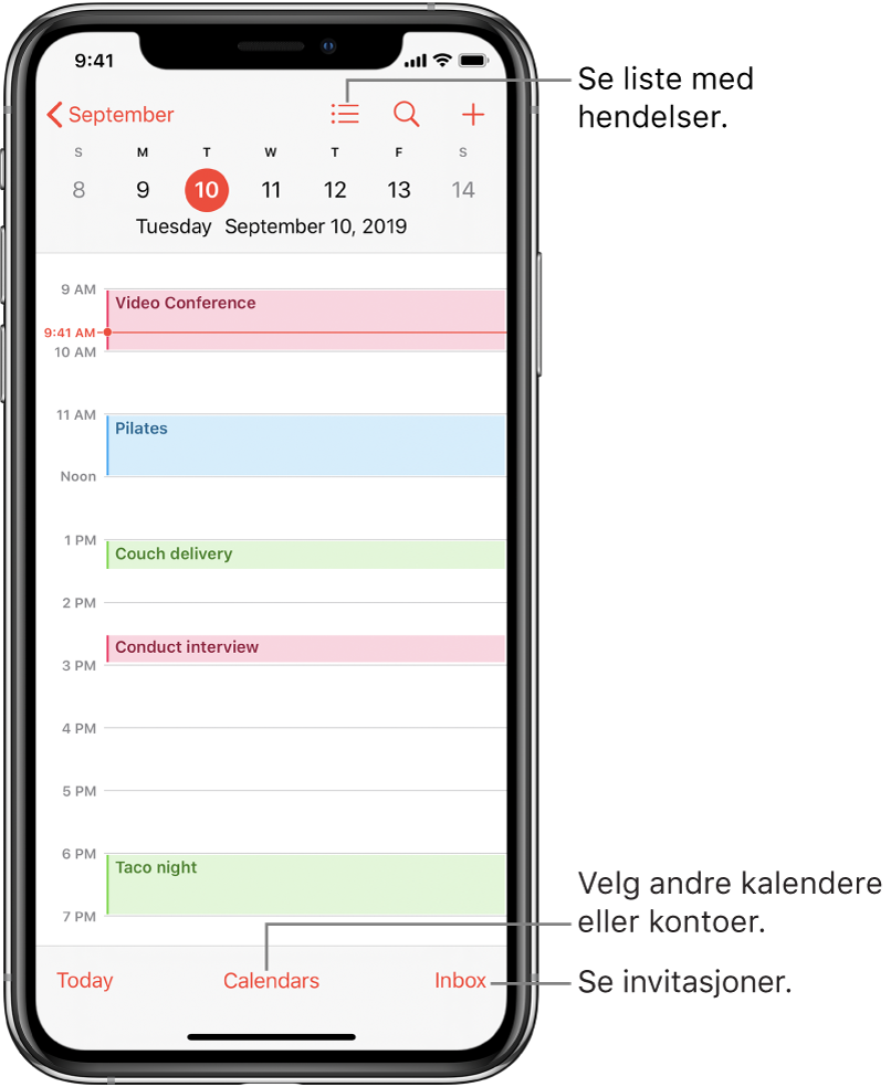 En kalender i dagsvisning som viser dagens hendelser. Trykk på Kalendere-knappen nederst på skjermen for å bytte kalenderkontoer. Trykk på Innboks-knappen nede til høyre for å se invitasjoner.