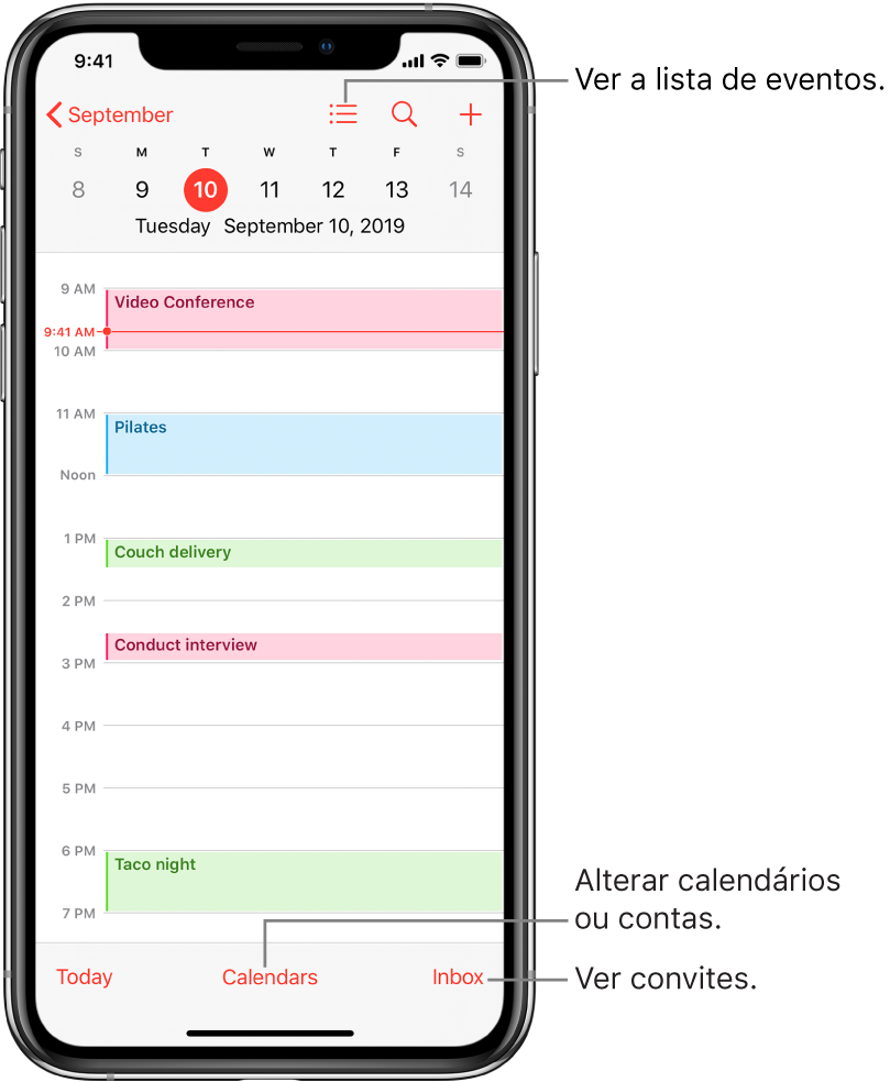 Um calendário na visualização de dia mostrando os eventos do dia. Toque no botão Calendários na parte inferior da tela para alterar as contas do calendário. Toque no botão Entrada no canto inferior direito para ver os convites.