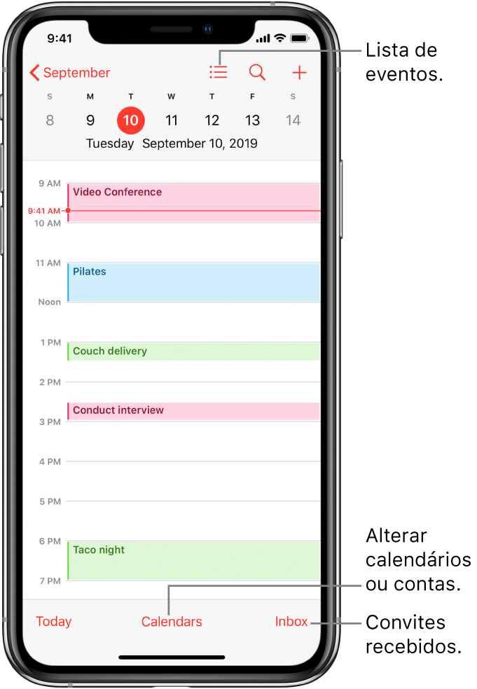 A vista diária de um calendário, com os eventos marcados para esse dia. Toque no botão Calendários na parte inferior do ecrã para mudar de calendário. Toque no botão Recebido (canto inferior direito) para ver os convites recebidos.