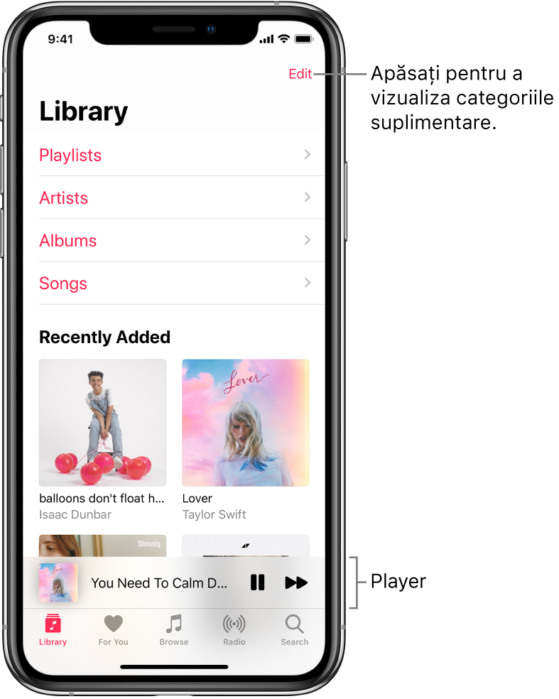 Ecranul Bibliotecă afișând o listă de categorii, inclusiv Liste de redare, Artiști, Albume și Melodii. Antetul Adăugate recent apare sub listă. Player afișând titlul melodiei curente, cu butoanele Suspendați și Înainte în apropierea părții de jos.