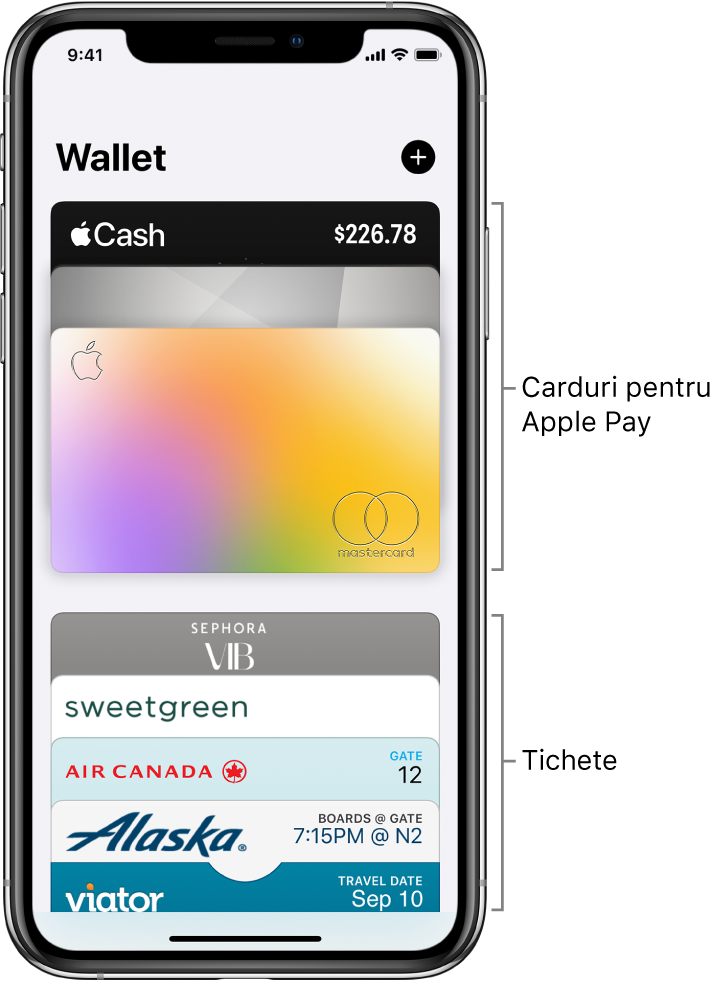 Ecranul Wallet afișând partea de sus a mai multor carduri de credit și de debit și tichete.