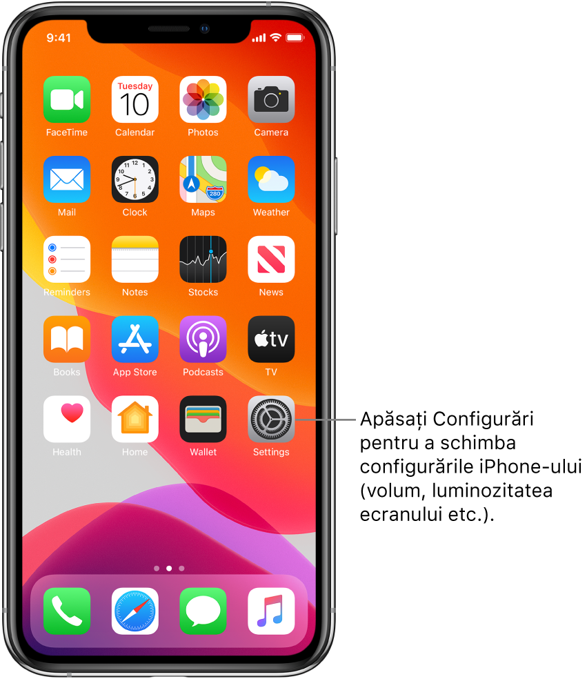 Ecranul principal cu mai multe pictograme, inclusiv pictograma Configurări, pe care o puteți apăsa pentru a modifica volumul sunetelor, luminozitatea ecranului iPhone-ului etc.