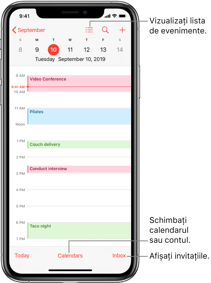 Un calendar în vizualizarea zilei, afișând evenimentele zilei. Apăsați butonul Calendare din partea de jos a ecranului pentru a schimba contul de calendar. Apăsați butonul Primite din dreapta jos pentru a vedea invitațiile.