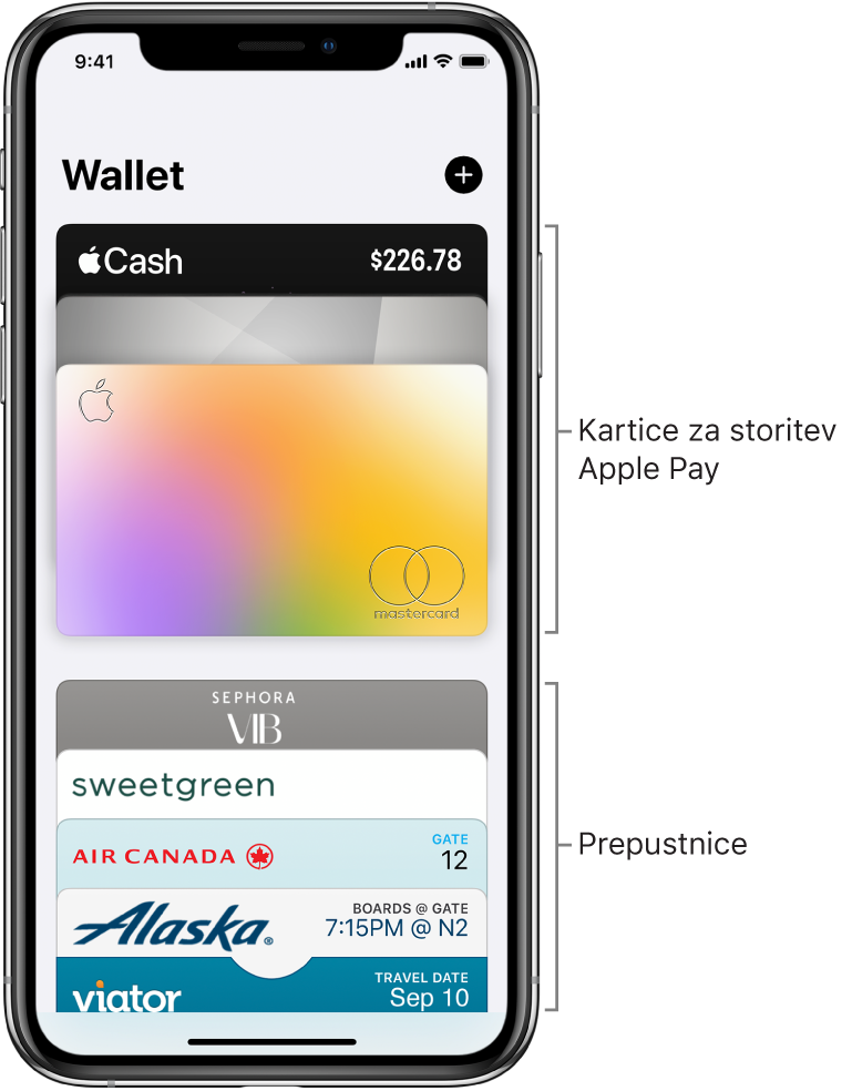 Zaslon Wallet, na katerem so prikazani zgornji deli več kreditnih in debetnih kartic ter prepustnic.