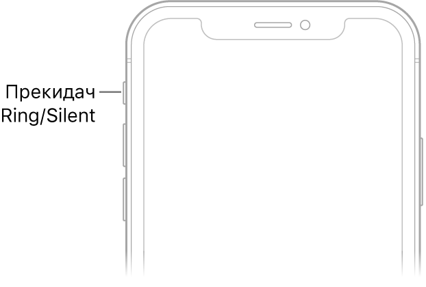 Горњи део предње стране iPhone-а са облачићем који указује на прекидач звоњава/нечујно.