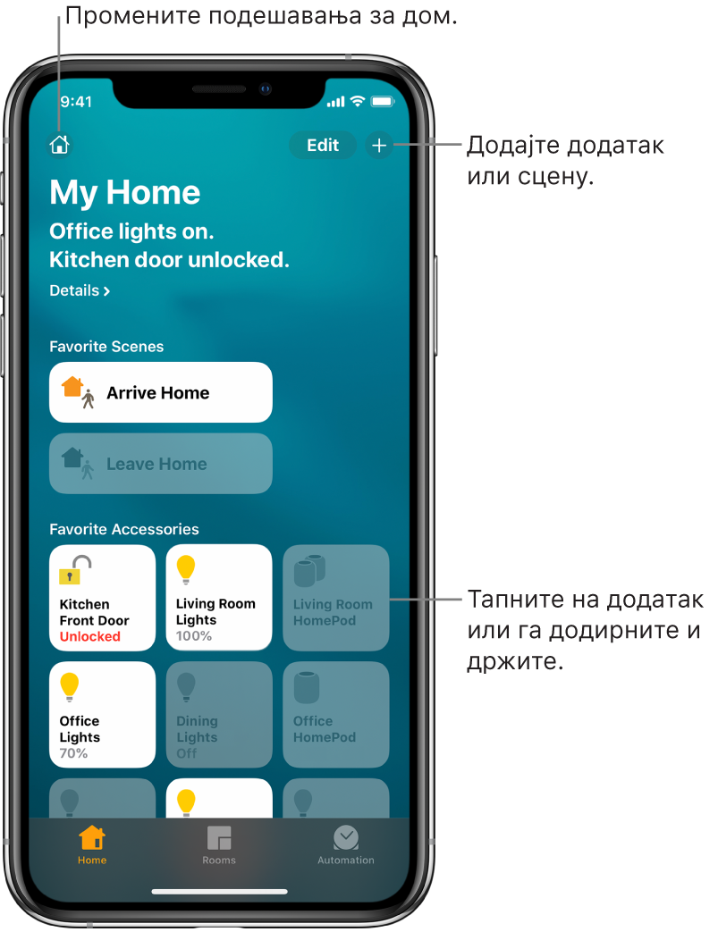 Картица Home на којој су приказане сцене и додаци који су означени као омиљени. Такође је приказан резиме статуса домаћинства. Друге картице при дну су Rooms и Automation.