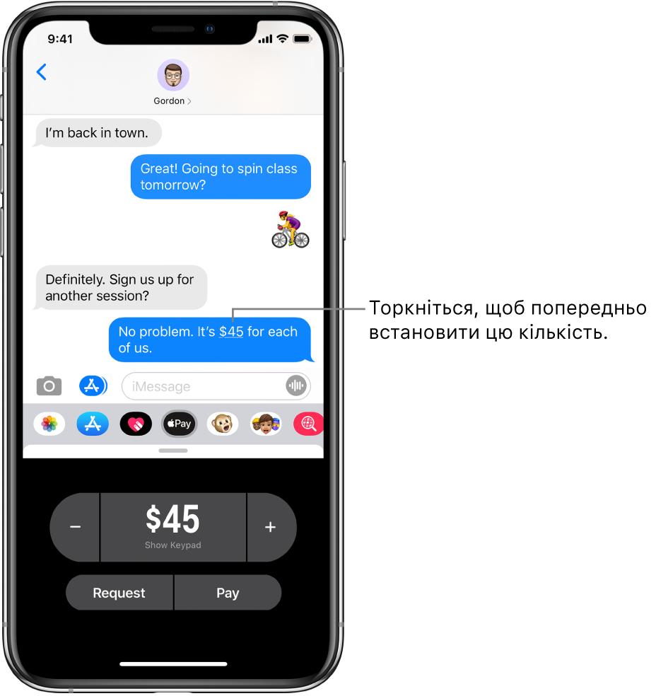 Бесіда iMessage, під якою відкрито програму Apple Pay.