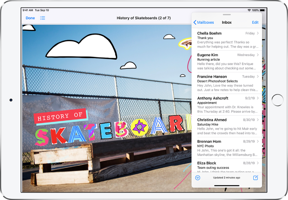 Het scherm wordt gevuld door een grafische app. Mail is geopend in een Slide Over-venster aan de rechterkant van het scherm.