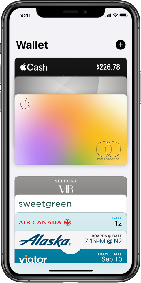 Pantalla de l’app Wallet. A la part superior de la pantalla hi ha tres targetes de crèdit. A la part inferior de la pantalla hi ha diversos passis d’aerolínies i tours de viatges.