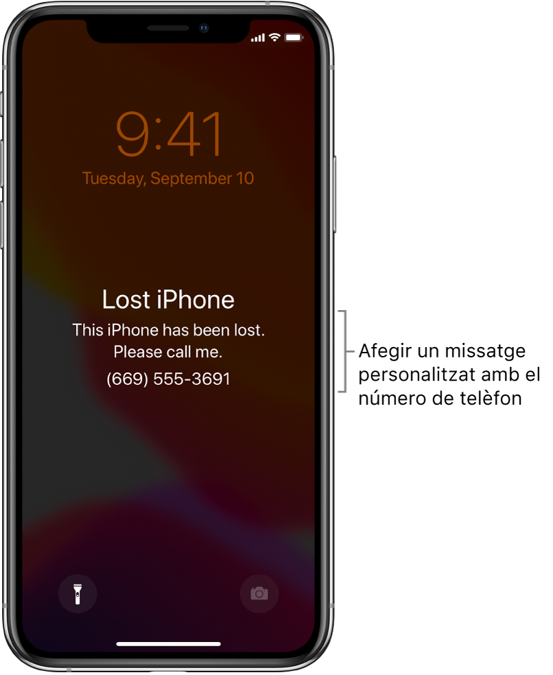 Pantalla bloquejada d’un iPhone amb el missatge: “iPhone perdut. Aquest iPhone s’ha perdut. T’agrairé que em truquis. (669) 555-3691”. Pots afegir un missatge personalitzat amb el número de telèfon.