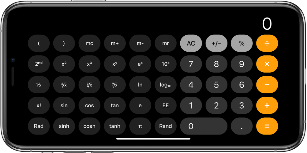 iPhone en orientació horitzontal que mostra la calculadora científica amb les funcions exponencial, logarítmica i trigonomètrica.