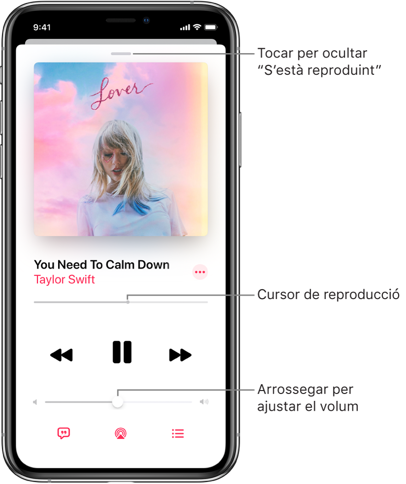 La pantalla “S’està reproduint” amb la il·lustració de l’àlbum. A sota es troben el títol de la cançó, el nom de l’artista, el botó Més, el cursor de reproducció, els controls de reproducció, el regulador de volum, el botó Lletra, el botó “Destinació de reproducció” i el botó “A continuació”. El botó per ocultar “S’està reproduint” es troba a la part superior.