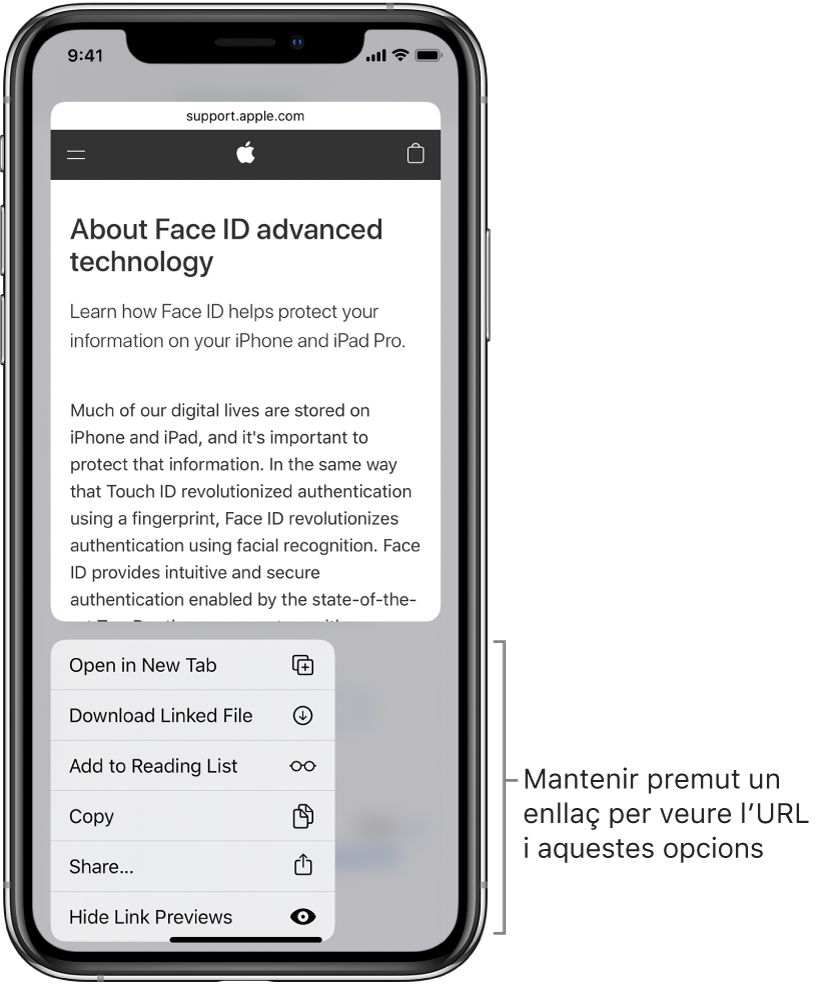Una superposició on es veu una previsualització de l’URL de destí seguida d’una llista d’accions possibles: Obrir, “Afegir a la llista de lectura”, “Afegir a l’app Fotos”, Copiar i Compartir.