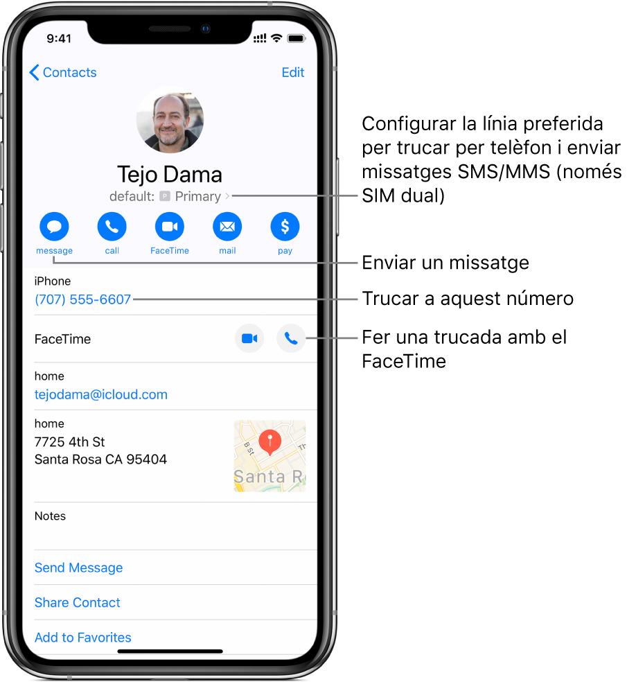 Pantalla d’informació d’un contacte. Al capdamunt hi ha el nom i la foto del contacte. A sota hi ha els botons per enviar un missatge, fer una trucada telefònica, fer una trucada amb el FaceTime, enviar un missatge de correu electrònic i enviar diners amb l’Apple Pay. A sota dels botons hi ha la informació de contacte.