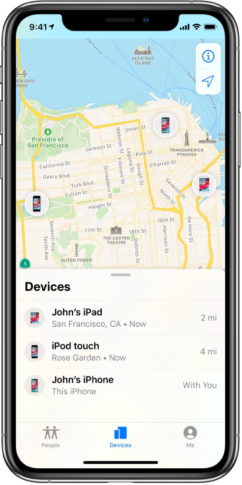 Hi ha tres dispositius a la llista Dispositius: l’iPad del John, l’iPod touch del John i l’iPhone del John. Les seves ubicacions es mostren en un mapa de San Francisco.