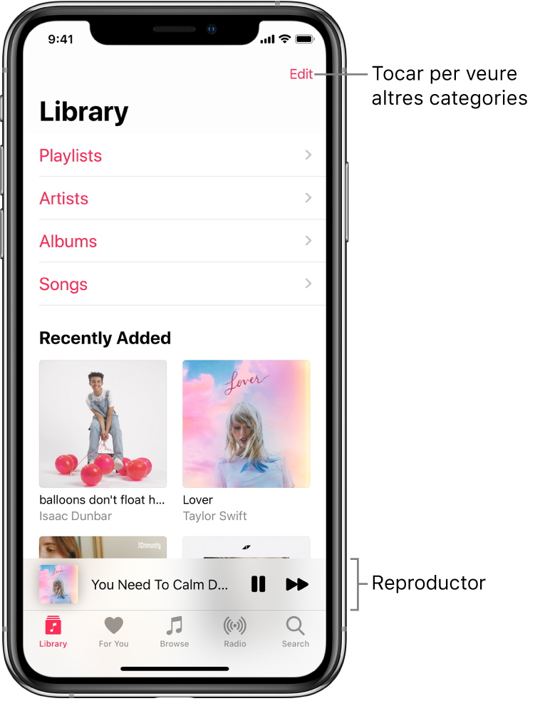 Pantalla de la biblioteca amb un llistat de categories que inclou Llistes, Artistes, Àlbums i Cançons. La capçalera “Afegit recentment” es mostra sota la llista. El reproductor amb el títol de la cançó que s’està reproduint i els botons Pausa i Següent són a prop de la part inferior.