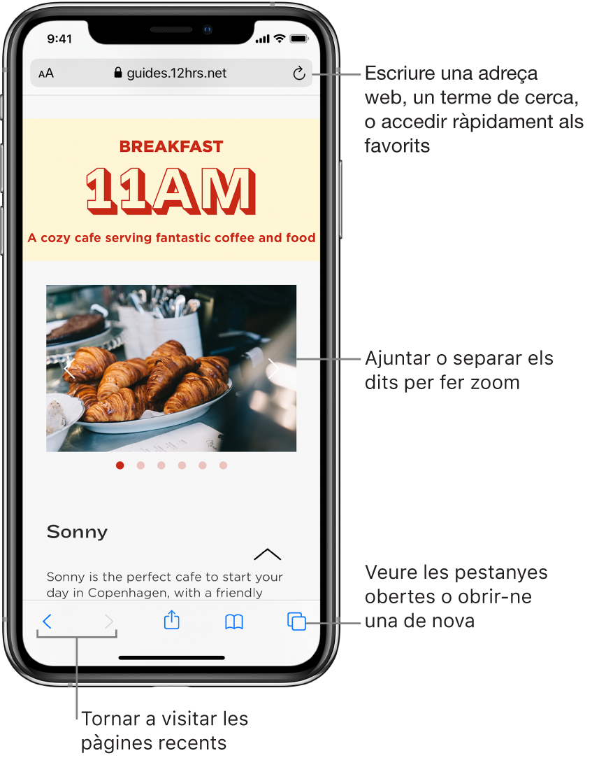 Un lloc web obert en una finestra del Safari, amb el camp d’adreça al capdamunt. A la part inferior, d’esquerra a dreta, hi ha els botons Enrere, Endavant, Compartir, Marcadors i Pàgines.