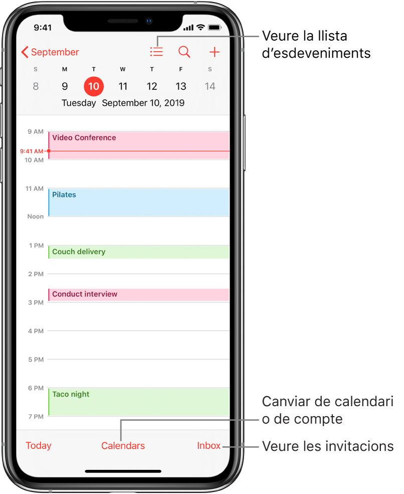 Calendari en vista de dia on es mostren els esdeveniments del dia. Toca el botó Calendaris, al capdavall de la pantalla per canviar els comptes del calendari. Toca el botó Entrada de l’angle inferior dret per veure les invitacions.