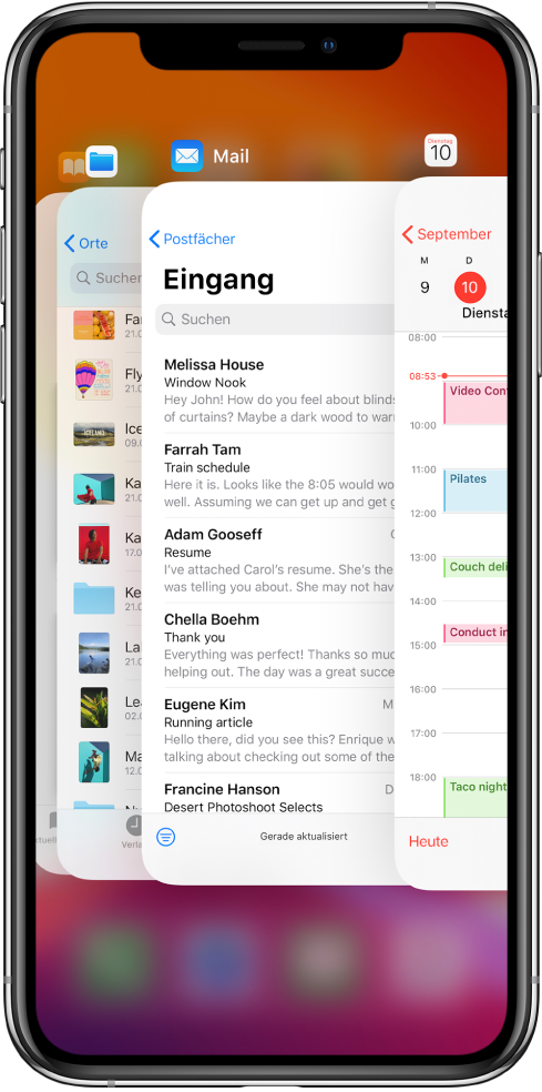 Der App-Umschalter. Die Symbole der geöffneten Apps werden oben angezeigt; der aktuelle Bildschirm jeder App ist unterhalb ihres Symbols zu sehen.