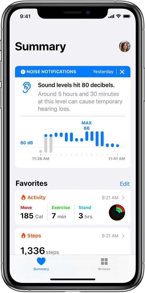 A Summary screen showing a noise notification at the top, with summaries for two favorites below: Activity and Steps.