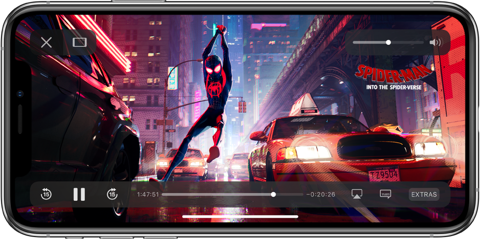 A movie playing, with playback controls showing. The Done and Scale to Fill buttons are at the top left. The volume slider is at the top right. At the bottom left, there are buttons to skip 15 seconds backward, pause, and skip 15 seconds forward. Across the bottom center is a slider that you can drag to adjust the video position; the elapsed time and time remaining appear on either side of the slider. At the bottom right, there are buttons to change the video destination, show subtitles, and play extra content.