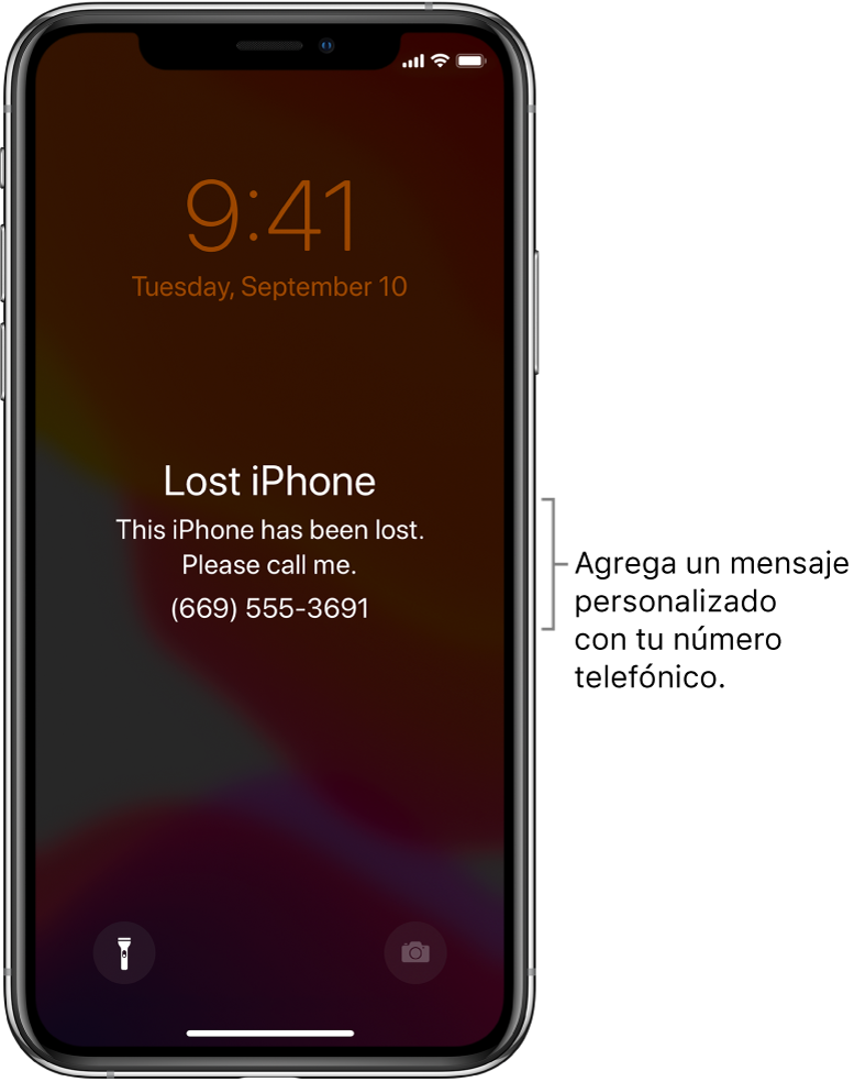 La pantalla de bloqueo de un iPhone con el mensaje: "iPhone perdido. Perdí este iPhone. Por favor, llámenme. (669) 555-3691." Puedes agregar un mensaje personalizado con tu número telefónico.