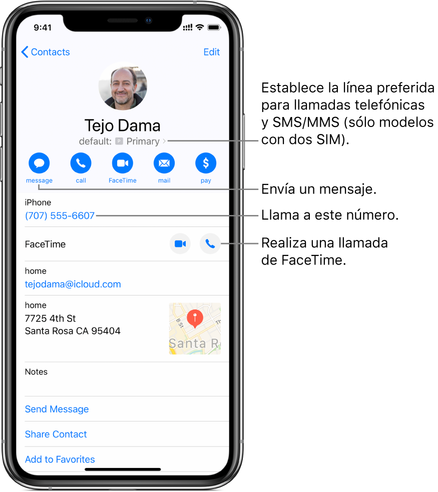La pantalla de información de un contacto. En la parte superior se encuentra el nombre y la foto del contacto. Debajo se encuentran los botones para enviar un mensaje, realizar una llamada de teléfono, realizar una llamada de FaceTime, enviar un mensaje de correo y enviar dinero con Apple Pay. Debajo de los botones se encuentra la información de contacto.