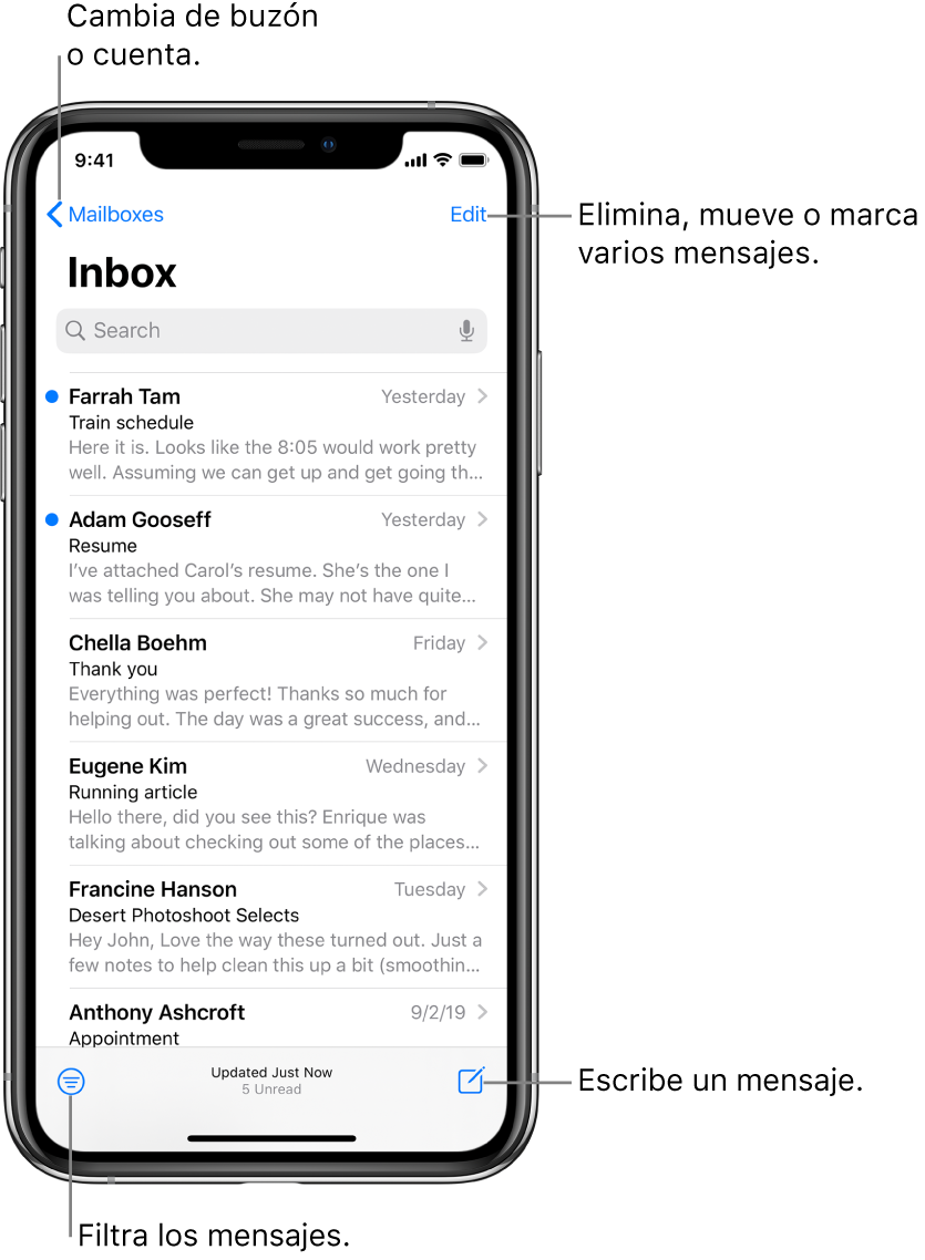 El buzón de entrada, mostrando una lista de correos. El botón Buzones, que permite cambiar a otro buzón, está en la esquina superior izquierda. El botón Editar para eliminar, mover o marcar correos se encuentra en la esquina superior derecha. El botón para filtrar correos (para que sólo se muestren ciertos tipos de correos) se encuentra en la esquina inferior izquierda. El botón para componer un correo nuevo se encuentra en la esquina inferior derecha.