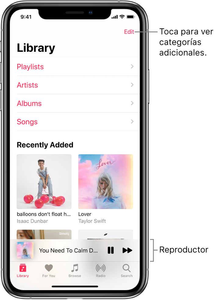 La pantalla Biblioteca mostrando una lista de categorías, incluyendo Playlists, Artistas, Álbumes y Canciones. Debajo de la lista aparece el encabezado "Agregadas recientemente". El reproductor mostrando el título de la canción actual y los botones Pausa y Siguiente, que aparecen cerca de la parte inferior.