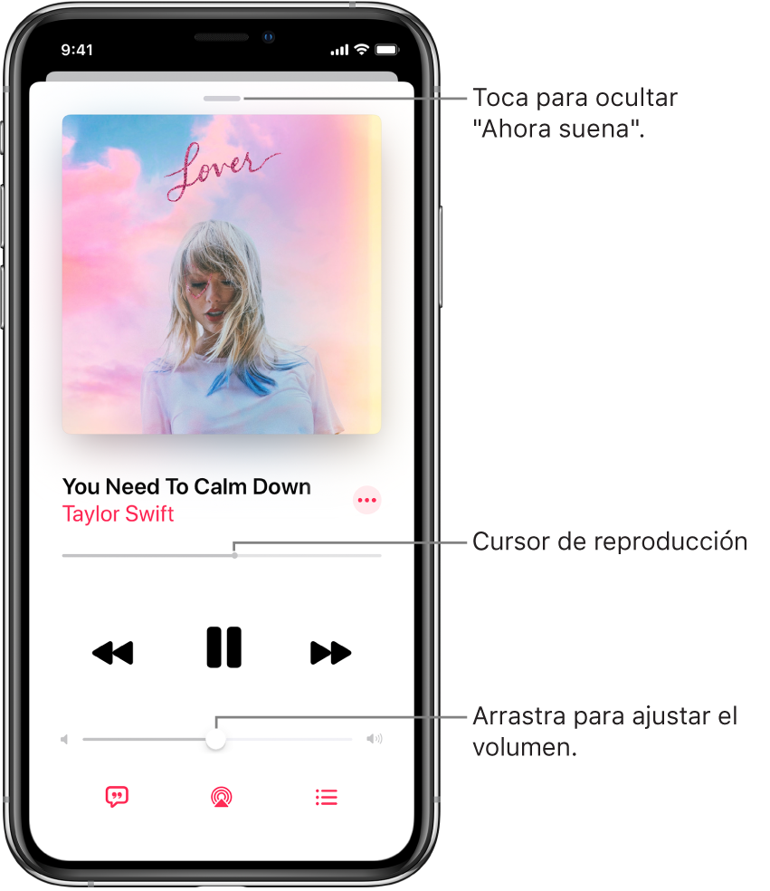 La pantalla "Ahora suena" mostrando la ilustración del álbum. Debajo se encuentra el nombre de la canción, el nombre del artista, el botón Más, el cursor de reproducción, los controles de reproducción, el regulador del volumen, el botón para ver la letra de la canción, el botón "Destino de la reproducción" y el botón "A continuación". El botón "Ocultar ahora suena" se sitúa en la parte superior.