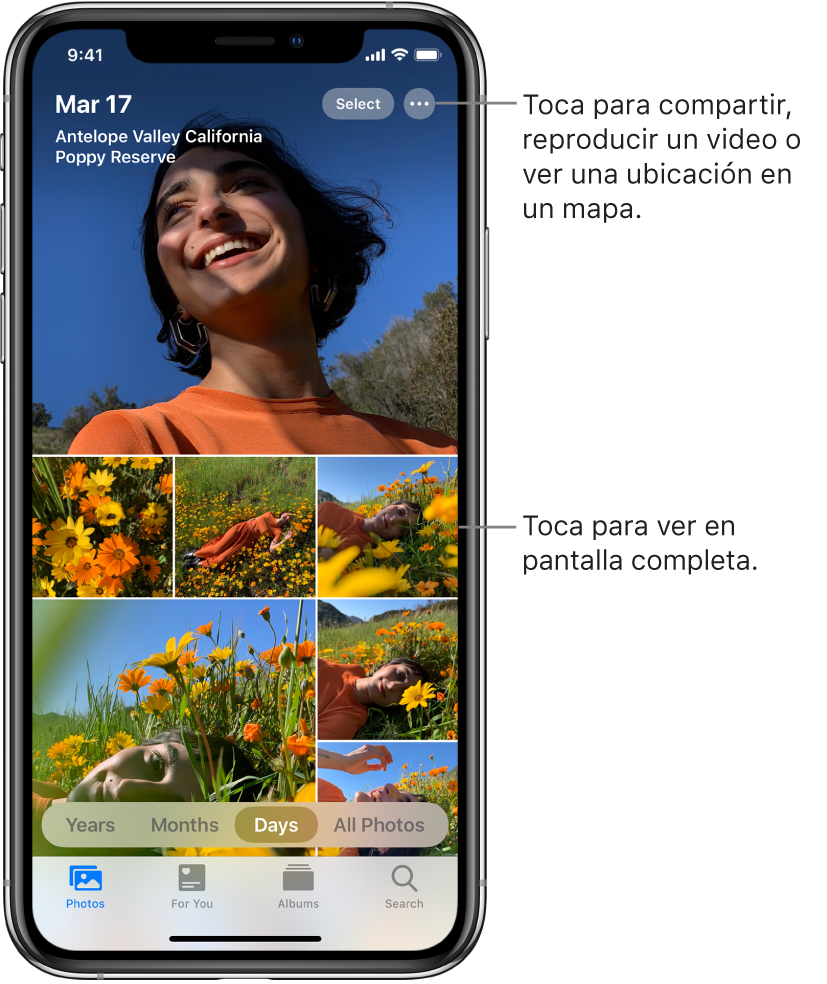 La fototeca en la vista Días. Una selección de miniaturas de fotos llena la pantalla. En la parte superior izquierda de la pantalla están la fecha y la ubicación en las que se tomaron las fotos. En la parte superior derecha están los botones Seleccionar y "Más opciones" para compartir fotos y ver detalles. Debajo de las miniaturas están las opciones para ver la fototeca por años, meses, días y todas las fotos. A lo largo de la parte inferior están las pestañas Fotos, Para ti, Álbumes y Buscar.
