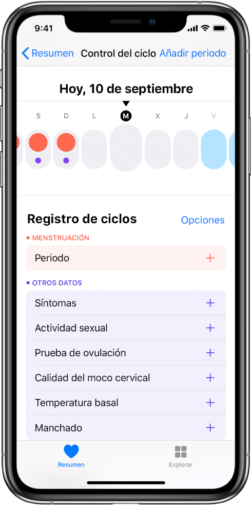 Pantalla “Control del ciclo” con la línea de tiempo de una semana en la parte superior de la pantalla. Los tres primeros días están señalados con círculos de rojo intenso, mientras que los dos últimos están indicados en azul claro. Debajo de la línea de tiempo se muestran opciones para añadir información sobre periodos, síntomas, etc.