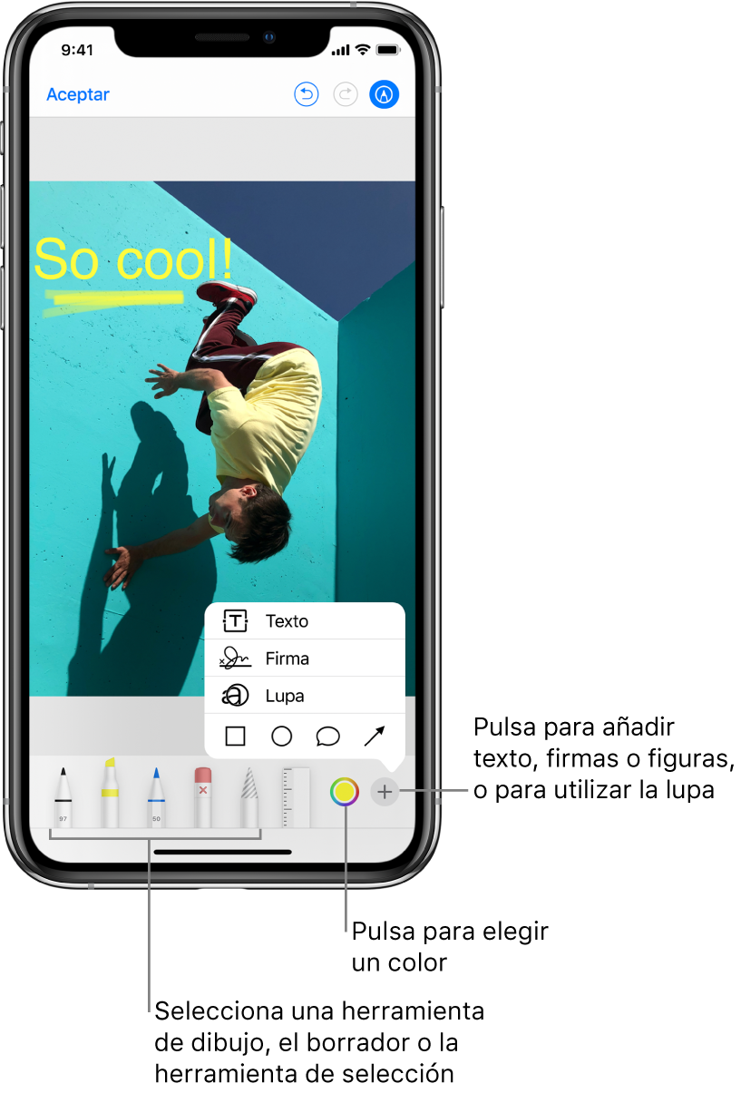 Una imagen en la ventana Marcación. Debajo de la imagen, de izquierda a derecha, se encuentran los botones de las herramientas de Marcación: bolígrafos, borrador, herramienta de selección, colores, botones para añadir un cuadro de texto, tu firma y figuras, y otro para seleccionar la lupa.