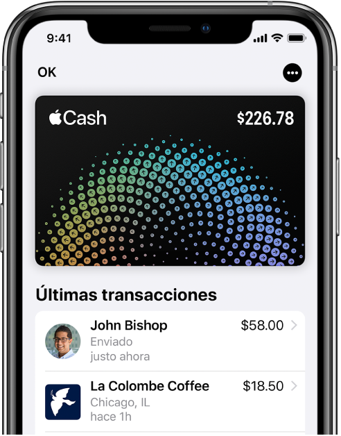 Tarjeta Apple Cash en Wallet, con el botón Más en la parte superior derecha y las transacciones más recientes debajo de la tarjeta.