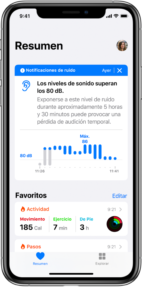 Pantalla Resumen con una notificación de ruido en la parte superior, con resúmenes para estos dos favoritos: Actividad y Pasos.