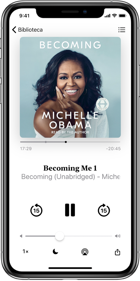 Pantalla del reproductor de audiolibros con la portada del audiolibro en la parte superior. Debajo de la portada se encuentran el cursor de reproducción, el número de pista, el nombre del autor y del audiolibro y los controles de reproducción, pausa, retroceso y avance. En la parte inferior de la pantalla, de izquierda a derecha, se encuentran los botones “Velocidad de reproducción”, Reposo, “Destino de la reproducción” y Compartir. El botón “Lista de pistas” está en la parte superior derecha, mientras que en la parte superior izquierda se encuentra el botón Cerrar.