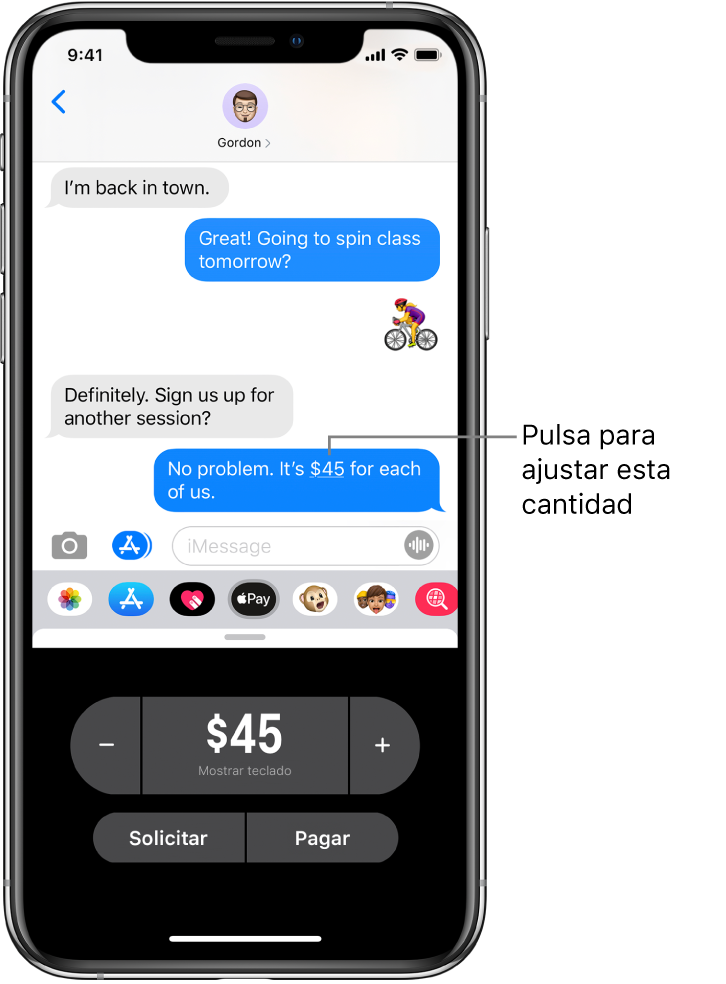 Conversación de iMessage con la app Apple Pay abierta en parte inferior.