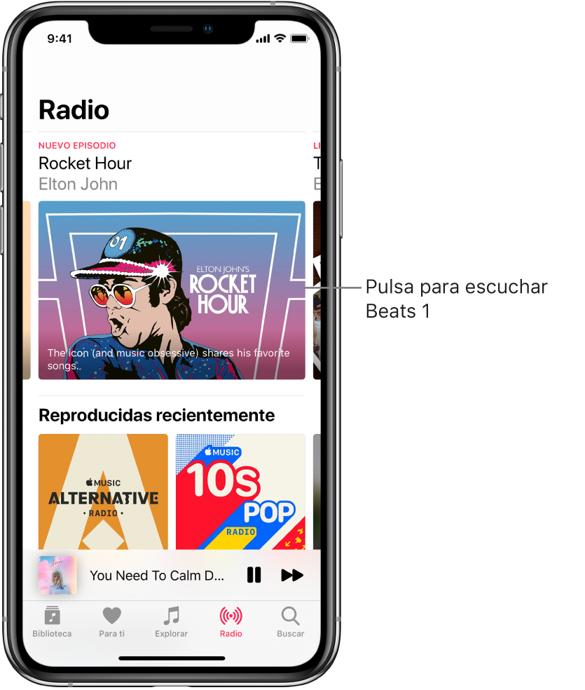Pantalla Radio con la emisora Beats 1 en la parte superior. Las entradas reproducidas recientemente aparecen debajo.
