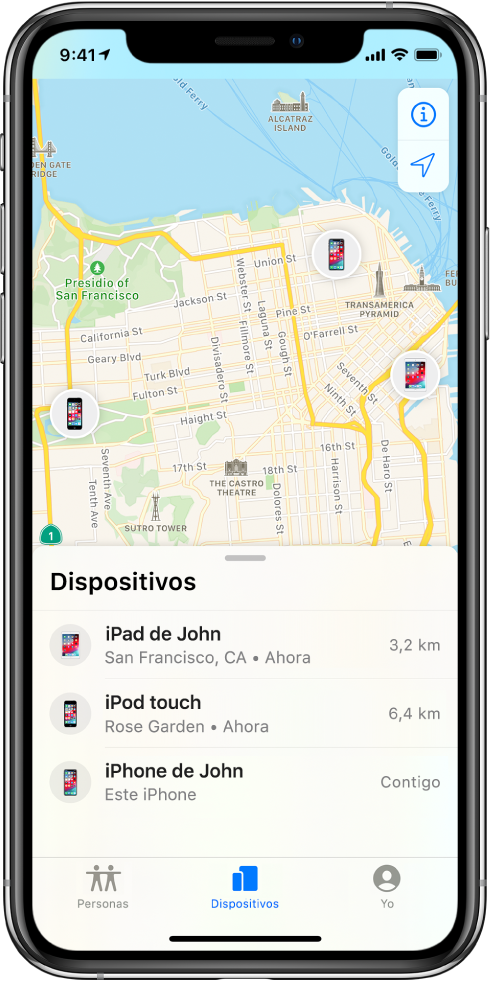 Hay tres dispositivos en la lista Dispositivos: iPad de Juan, iPod touch de Juan y iPhone de Juan. Sus ubicaciones se muestran en un mapa de San Francisco.