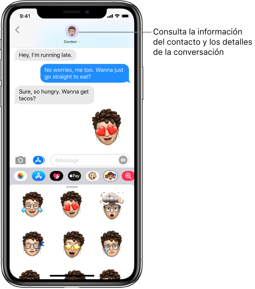 Una conversación de Mensajes. En la parte superior, de izquierda a derecha, están el botón Atrás y una foto de la persona a la que estás escribiendo. En el centro están los mensajes enviados y recibidos durante la conversación. En la parte inferior, de izquierda a derecha, están los botones de Fotos, Tiendas, Apple Pay, Animoji, imágenes de hashtag, Música y Digital Touch.