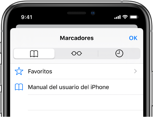 Pantalla Marcadores con opciones para ver los favoritos y el historial de navegación junto con los marcadores.