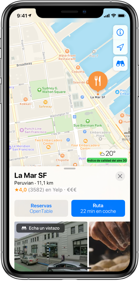 Mapa que muestra la ubicación de un restaurante. La tarjeta de información en la parte inferior de la pantalla incluye botones para hacer una reserva y obtener indicaciones.
