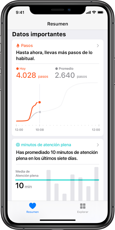 La pantalla Resumen en la app Salud con datos importantes sobre los pasos que lleva el usuario ese día. Se lee el mensaje “Hasta ahora, llevas más pasos de lo habitual”. Se ve una gráfica que indica que el usuario lleva hasta el momento 4028 pasos ese día, en comparación con los 2640 pasos que llevaba a la misma hora ayer. Debajo de la gráfica hay información sobre los minutos de atención plena completados. El botón Resumen está en la parte inferior izquierda, mientras que en la parte inferior derecha se encuentra el botón Explorar.