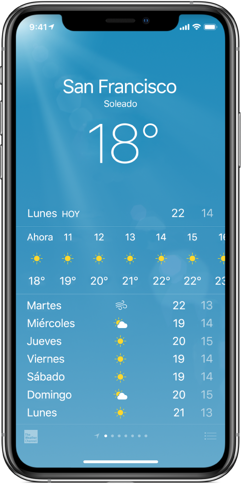 Pantalla Tiempo con la ciudad, condiciones actuales y temperatura actual. Debajo está la previsión meteorológica horaria actual seguida de la previsión para los próximos 5 días. Una fila de puntos en la parte central inferior muestra el número de ciudades que tienes.