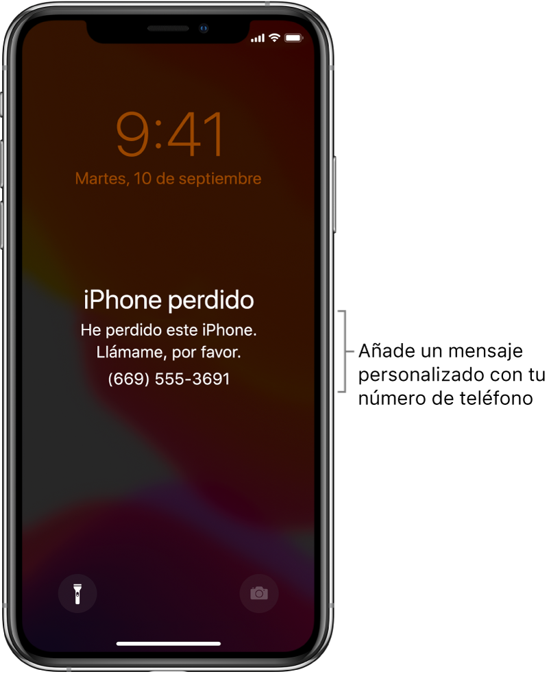 Pantalla bloqueada de un iPhone con el mensaje: “iPhone perdido. Este iPhone se ha perdido. Llámame. 669 555 369”. Puedes añadir un mensaje personalizado con tu número de teléfono.