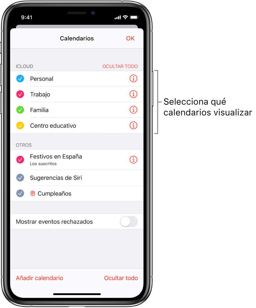 Lista de calendarios con marcas de verificación que indican qué calendarios están activos. El botón OK para cerrar la lista se encuentra en la esquina superior derecha.