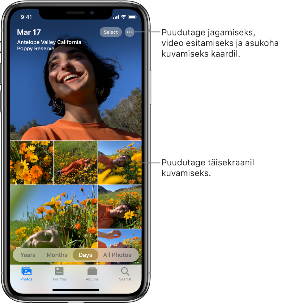 Fotokogu kuvatakse Days-vaates. Valik foto-pisipilte täidab ekraani. Ekraani ülemises vasakus servas on fotode tegemise kuupäev ja asukoht. Üleval paremal on nupud Select ja More Options fotode jagamiseks ja üksikasjade kuvamiseks. Pisipiltide all on valikud fotokogu vaatamiseks valikute Years, Months, Days ja All Photos kaupa. Alaservas on vahekaardid Photos, For You, Albums ja Search.